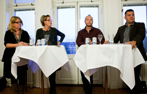 Johanna Kronlid, chefredaktör LO-Tidningen,Gudrun Schyman, Feministiskt initiativ, Stefan Carlén, förbundsekonom Handels, Veli-Pekka Säikkälä, avtalssekreterare IF Metall, debatterade kvinnolöner på LO-Tidningen Live.