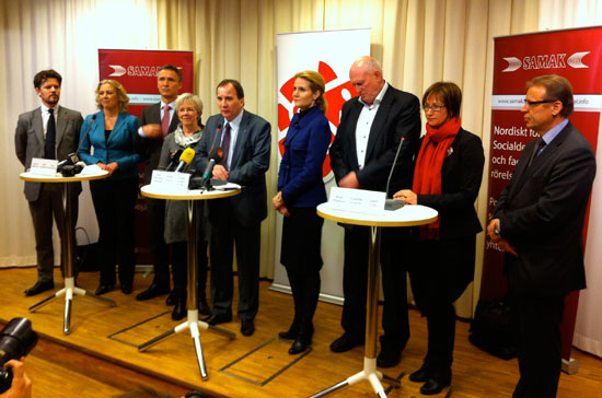 (S)-ledare och LO-ledare. Från vänster: Dagur B. Eggertsson, vice ordförande i Samfylkingin Island * Jutta Urpilainen, partiledare Socialdemokraterna i Finland, vice statsminister * Jens Stoltenberg, partiledare Socialdemokraterna i Norge, statsminister * Wanja Lundby-Wedin, ordförande LO Sverige * Stefan Löfven, partiordförande, Socialdemokraterna i Sverige * Helle Thorning-Schmidt, partiledare Socialdemokraterna i Danmark, statsminister * Roar Flåthen, ordförande LO Norge * Camilla Gunell, partiordförande Socialdemokraterna Åland, lantråd * Lauri Lyly, ordförande FFC Finland