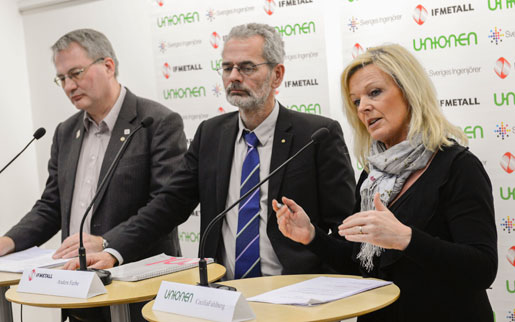 Ulf Bengtsson, Sveriges ingenjörer, Anders Ferbe, IF Metall, och Cecilia Fahlberg, Unionen, stod i december bakom industriavtalsplattformen. Nu är samordningen inte lika säker.