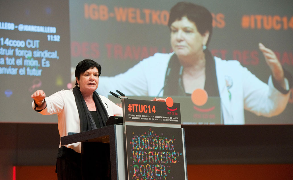 Sharan Burrow återvaldes som generalsekreterare för världsfacket IFS. Foto: Horst Wagner