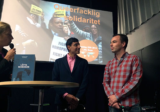 Kristina Henschen LO TCO Biståndsnämnd modererar samtalet med Inti Chavez Perez och Markus Gustafsson. Foto: Johanna Wreder