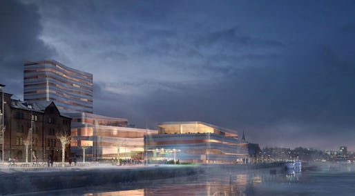 En arkitektskiss över kommunens nya skrytbygge, kulturhuset Väven, ”en plattform för kultur och upplevelser”. Huset ska invigas i november.