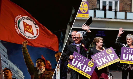 Vänstervind – och högerdito. Syrizaanhängare i Aten jublar när det står klart att partiet vann det grekiska valet och Ukipanhängare efter en lokal valseger i Storbritannien i maj 2014. Foto: Petros Giannakouris och Lefteris Pitarakis