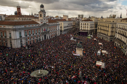 Tiotusentals spanjorer demonstrerade för Podemos i Madrid i lördags. Foto:Andres Kudacki