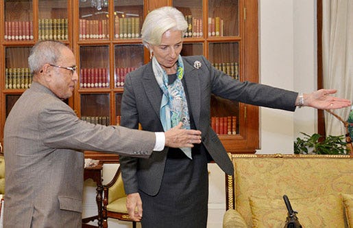 Indiens president Pranab Mukherjee och IMF-chefen Christine Lagarde. Foto: AP