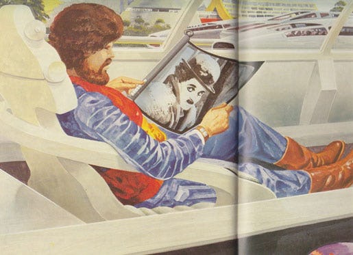 Framtidsbild anno 1983, från Godmorgon framtid: En man åker flygande buss och tittar på ”tv-rulle” – en variant av Ipad! Bild: Fred Preston