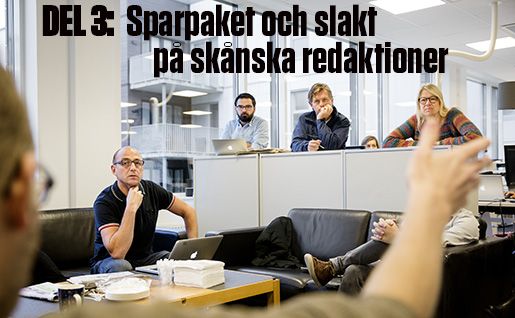 MALM÷ 20151015 ** Bilder till reportage i Arbetet ** Reportage om dagstidningars roll i samh‰llet. Bilden: Morgonmˆte pÂ Sydsvenskan med bla Andreas Persson, Jonas Nyren, Peter Frennesson. Foto Ola Torkelsson / TT / Kod 75777