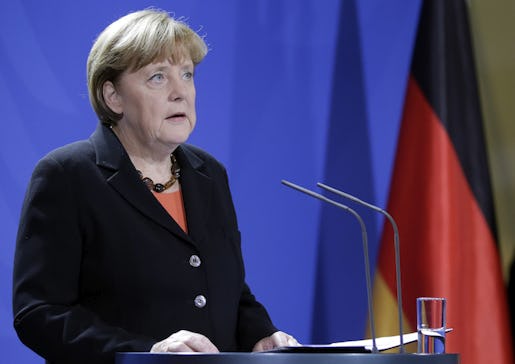 German Chancellor Angela Merkel speaks during a statement on the death of former German Chancellor Helmut Schmidt in Berlin, Germany, Tuesday, Nov. 10, 2015. Schmidt died today at the age of 96-years. (AP Photo/Michael Sohn)