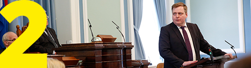 Iceland's Prime Minister Sigmundur David Gunnlaugsson, right, gives a statement at the Parliament regarding the Panama papers released yesterday, in Reykjavik on Monday April 4, 2016. Iceland's prime minister insisted Monday he would not resign after documents leaked in a media investigation allegedly link him to an offshore company that could represent a serious conflict of interest, according to information leaked from a Panamanian law firm at the center of an international tax evasion scheme. (AP Photo/Brynjar Gunnarsson)