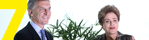 Argentinas nyvalde president Mauricio Macri och Brasiliens president Dilma Rousseff. Foto: AP Photo/Eraldo Peres