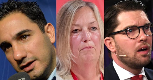 Civilminister Ardalan Shekarabi (S), LO:s andre vice ordförande Berit Müllerström och Jimmie Åkesson (SD) är några som varit synliga i debatten om lagförslaget om schysta villkor vid offentlig upphandling. Foto: Maja Suslin, Fredrik Sandberg och Jonas Ekströmer/TT