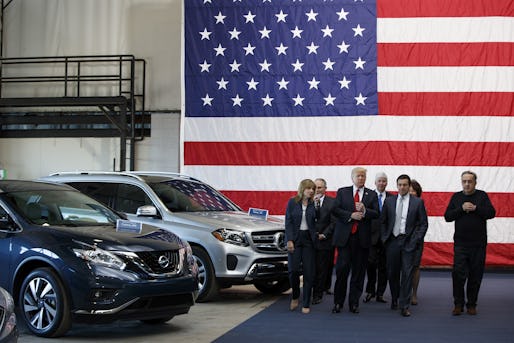 President Donald Trump tours the American Center of Mobility, Wednesday, March 15, 2017, in Ypsilanti Township, Mich. From left are, GM CEO Mary Barra, EPA administrator Scott Pruitt, the president, Michigan Gov. Rick Snyder, Ford CEO Mark Fields, Transportation Secretary Elaine Chao and Fiat Chrysler CEO Sergio Marchionne/ (AP Photo/Evan Vucci)