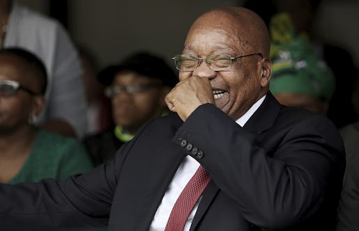 South African President Jacob Zuma attends a commemoration for anti-apartheid leader Chris Hani in Boksburg, South Africa, Monday, April 10, 2017. Zuma said many white demonstrators calling for his resignation are racist, in remarks that critics are likely to view as an effort to undercut growing concerns about his leadership. (AP Photo)