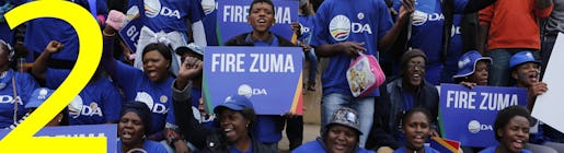 Members of the main opposition Democratic Alliance party demonstrate against South African president Jacob Zuma in Johannesburg, Friday, April 7, 2017, as thousands of South Africans demonstrated in major cities. Zuma's dismissal of the finance minister Pravin Gordhan has fuelled concerns over government corruption and a struggling economy. (AP Photo/Denis Farrell)