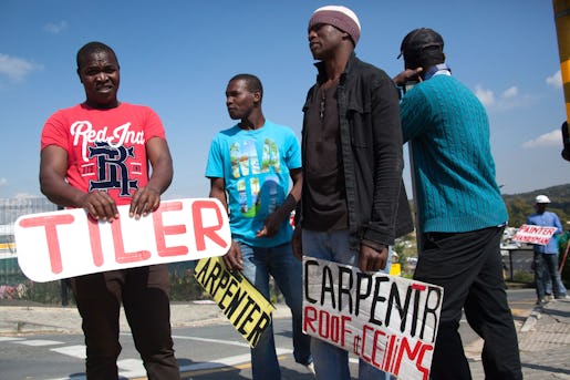 Unemployed skilled workers are seen outside a building Depot in Sunninghill, North of Johannesburg, where daily they attempt to find work outside the stores and make some money from casual employment in their respected skills. Picture: Kevin Sutherland / Arbetet Global - April 24, 2017