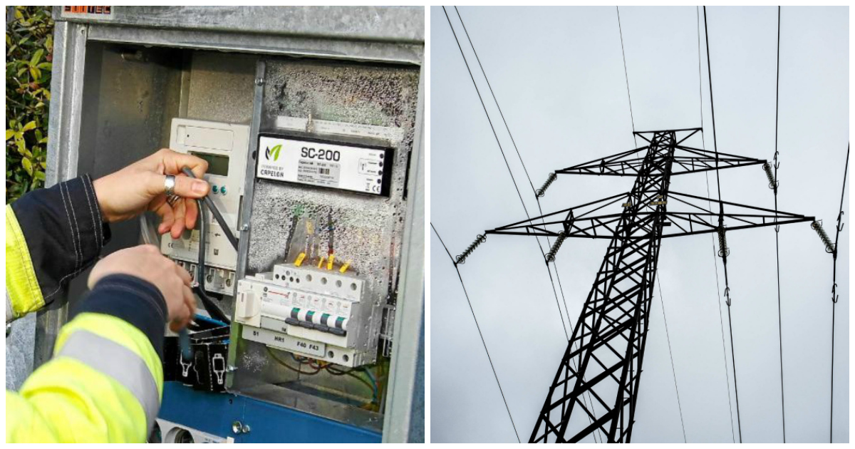 En elektriker som arbetar ii ett elskåp, bredvid en bild på elledningar i luften.