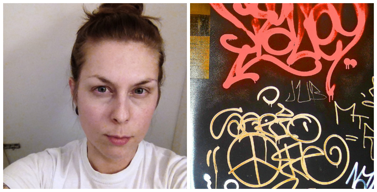 Karolina Dahl och en bild på klottret