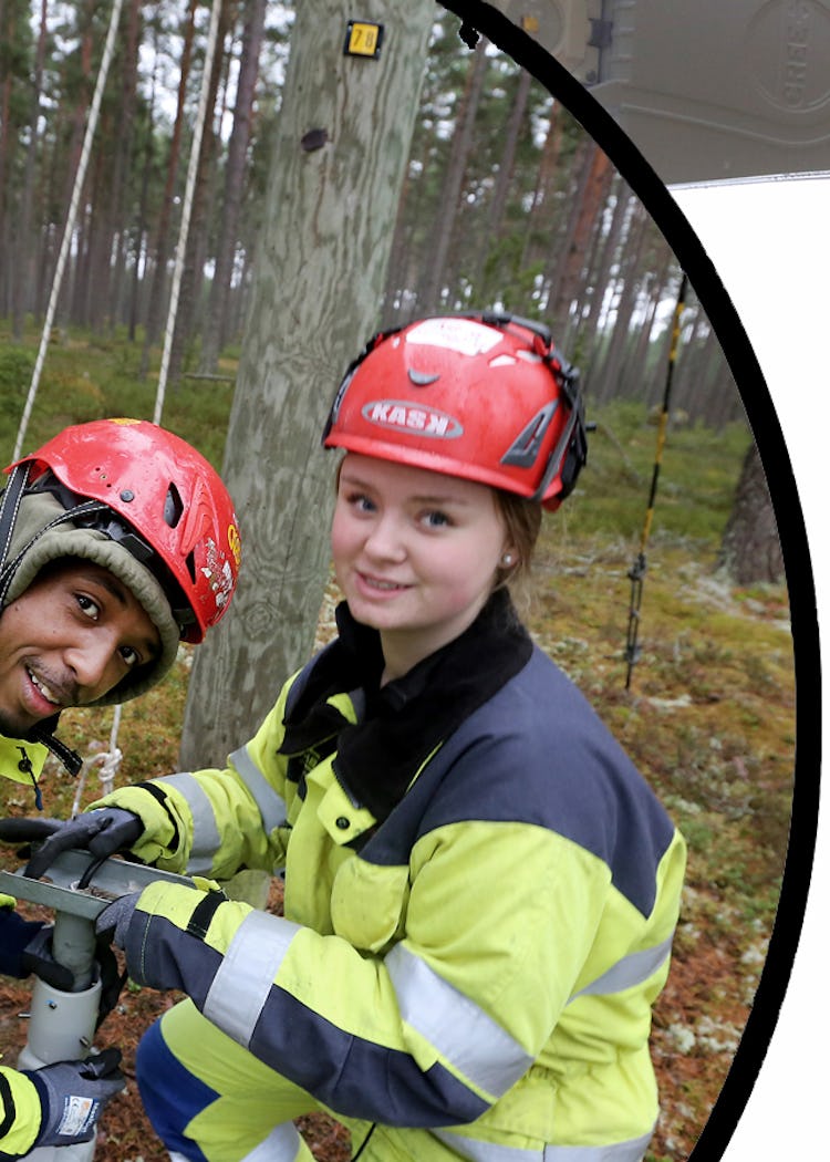 Monterad bild. Några elever arbetar i en skog, en annan person klättrar högt upp i en stolpe.