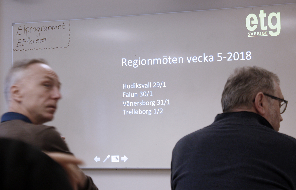 Bilden föreställer en whiteboard där en projektor projicerar upp texten: Regionsmöten vecka 5, 2018. Hudiksvall 29/1, Falun 30/1, Vänersborg 31/1, Trelleborg 1/2. I förgrunden syns två åskådare.