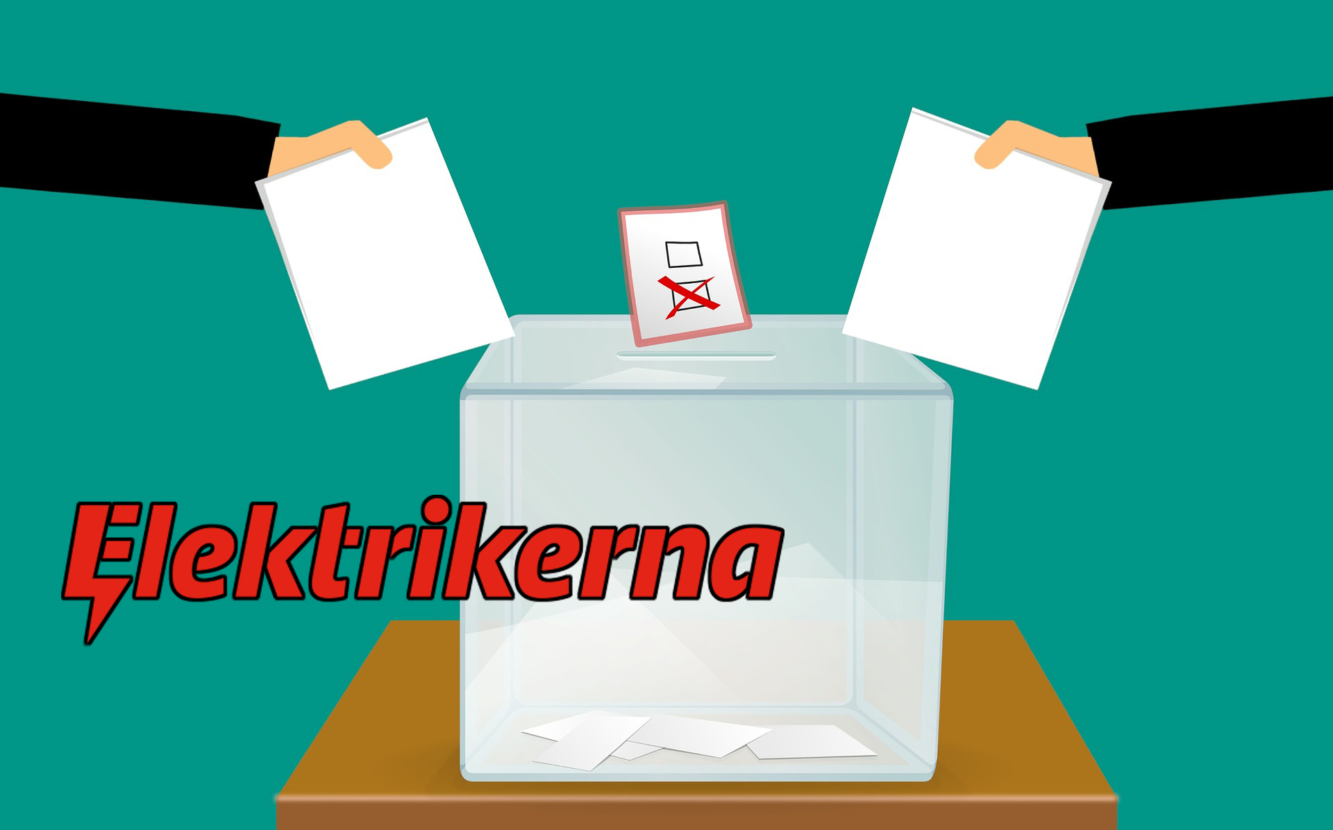 Två händer lägger röstsedlar i en tecknad valurna. Över bilden är Elektrikernas logga monterad.