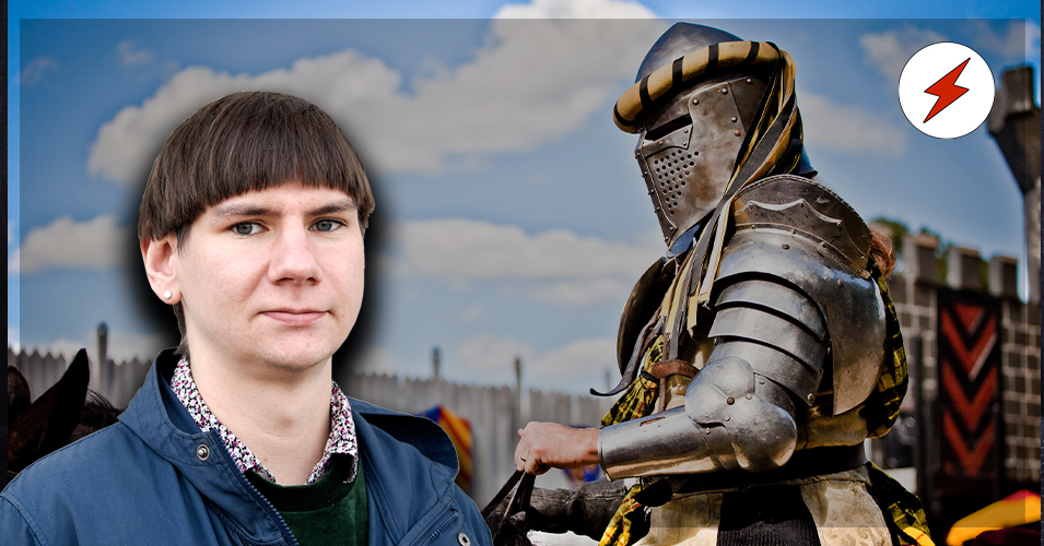 En riddare till häst, med ett foto av Felix Finnveden monterat över