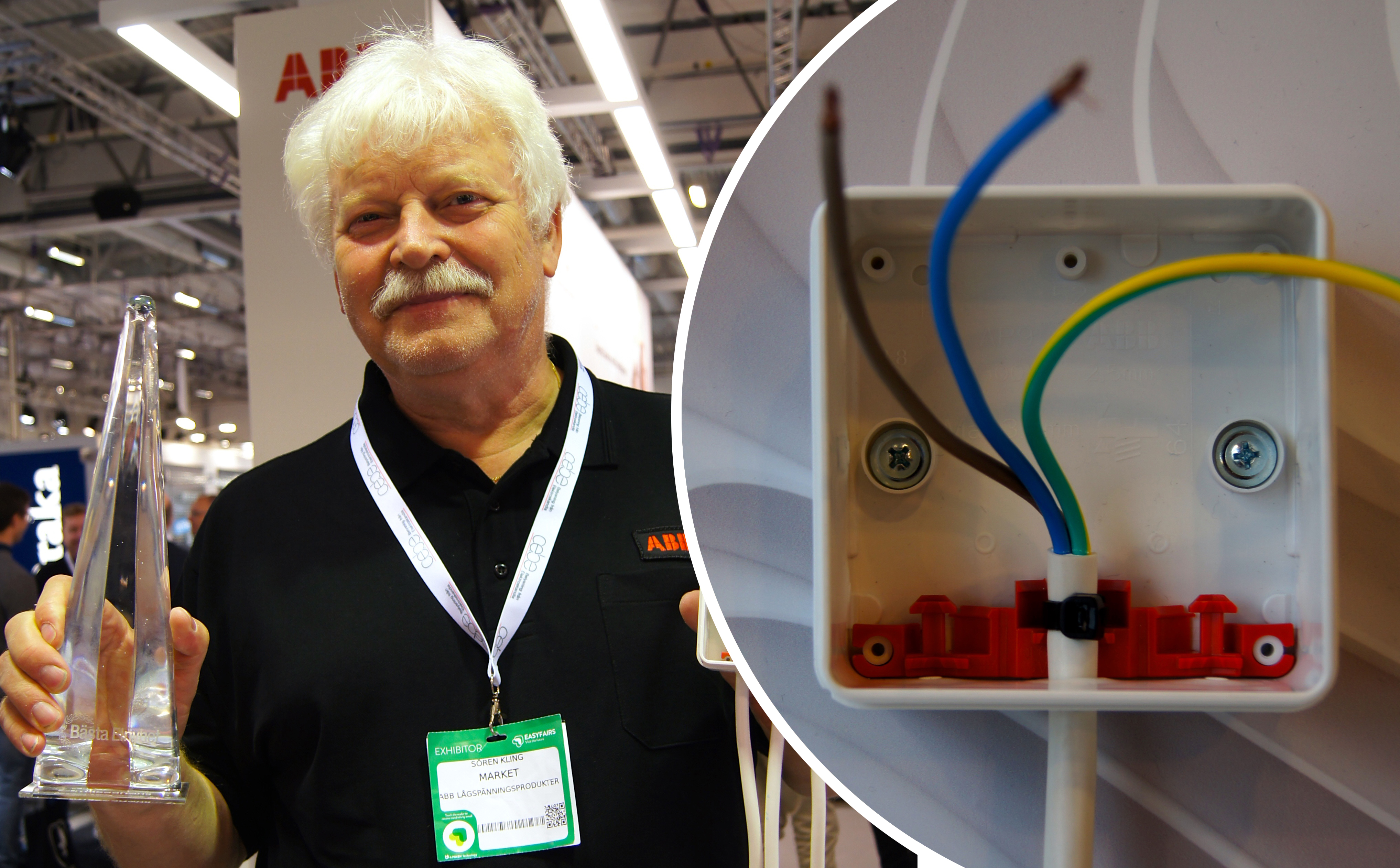 Sören Kling står och håller i produkten och priset. Bilden är monterad bredvid en bild på en dosa med sladdar i