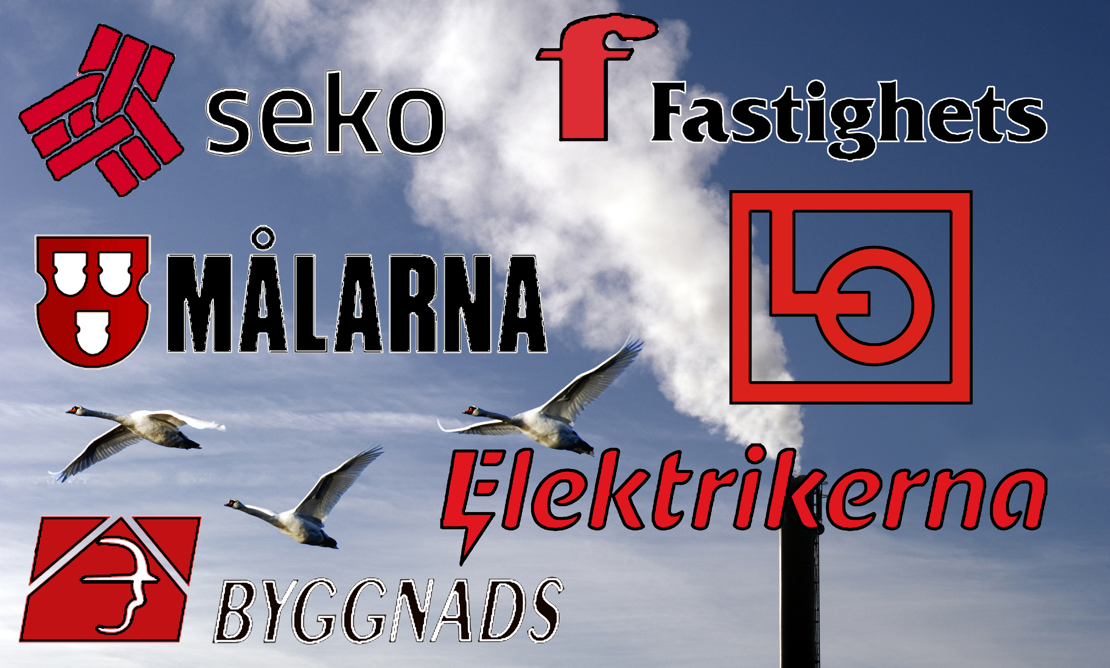 Några fåglar flyger mot en blå himmel med en skorsten som släpper ut vit rök. Över bilden är 6F-förbundens och LO:s loggor monterade