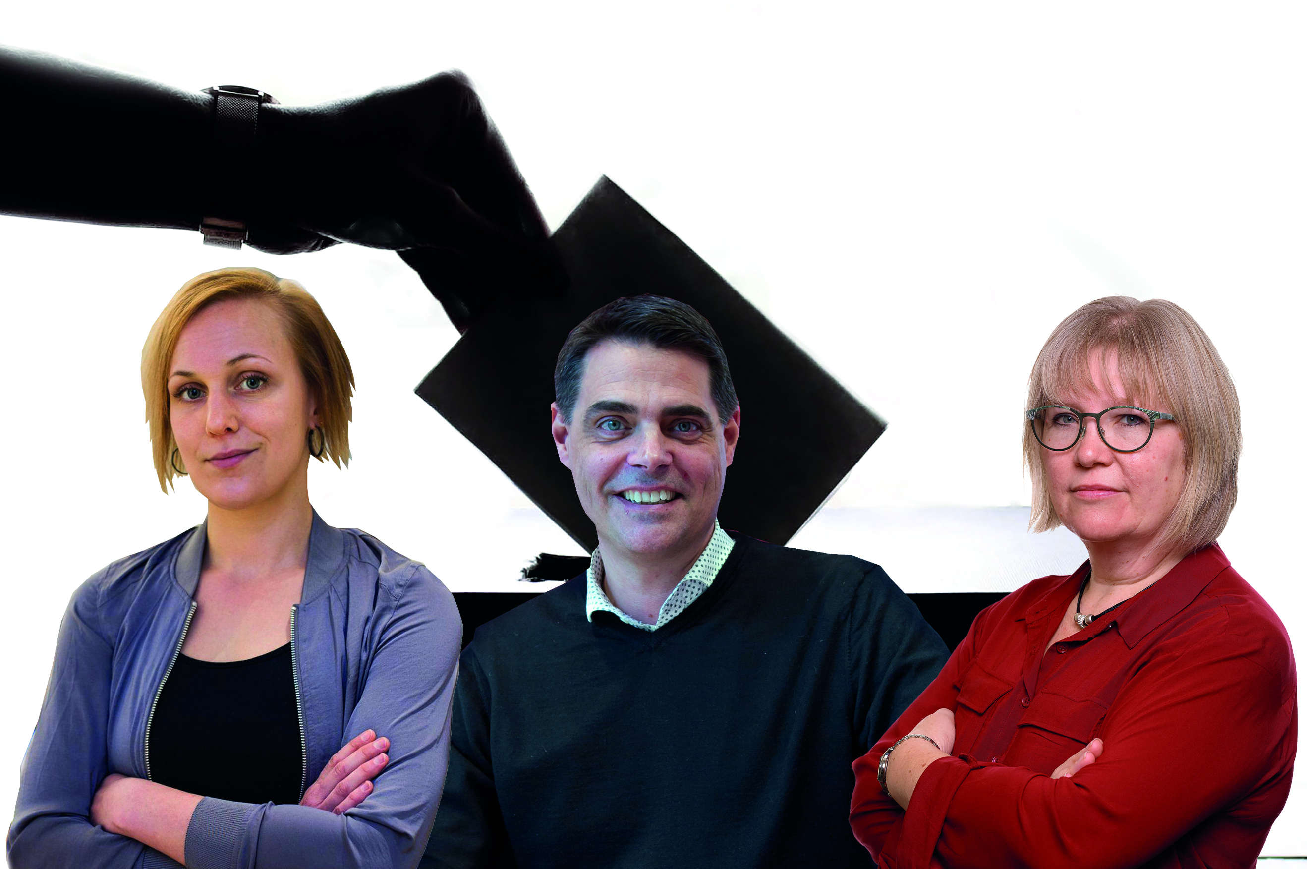 Porträttbildet av Louise Olsson, Mikael Pettersson och Tina Nordling över en bakgrund som föreställer en hand som lägger en röstsedel i en låda.