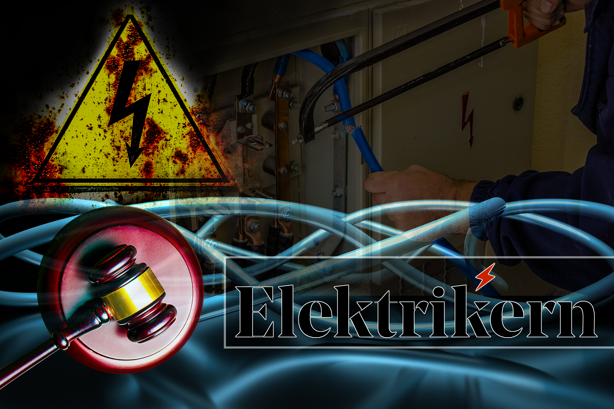 En domarklubba och en alfara-skylt över en bild på en hand som sågar i en kabel.