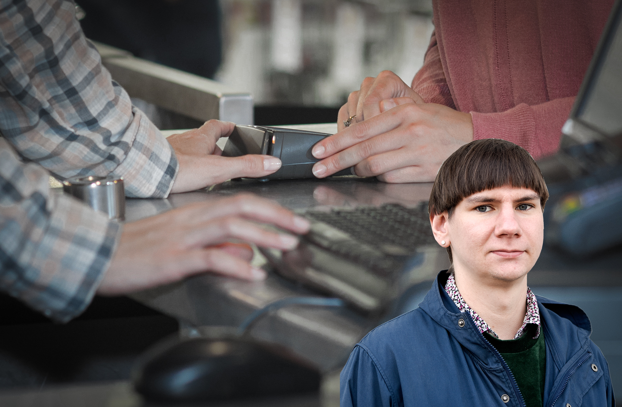 EN bild på Felix Finnveden, monterad över en bild på händerna på ett affärsbiträde