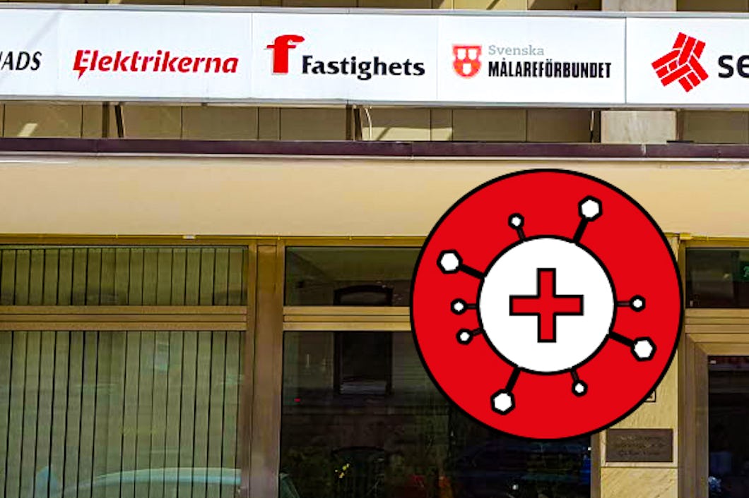 Fasaden på Elektrikernas förbundskontor, med en stiliserad bild av det nya coronaviruset över