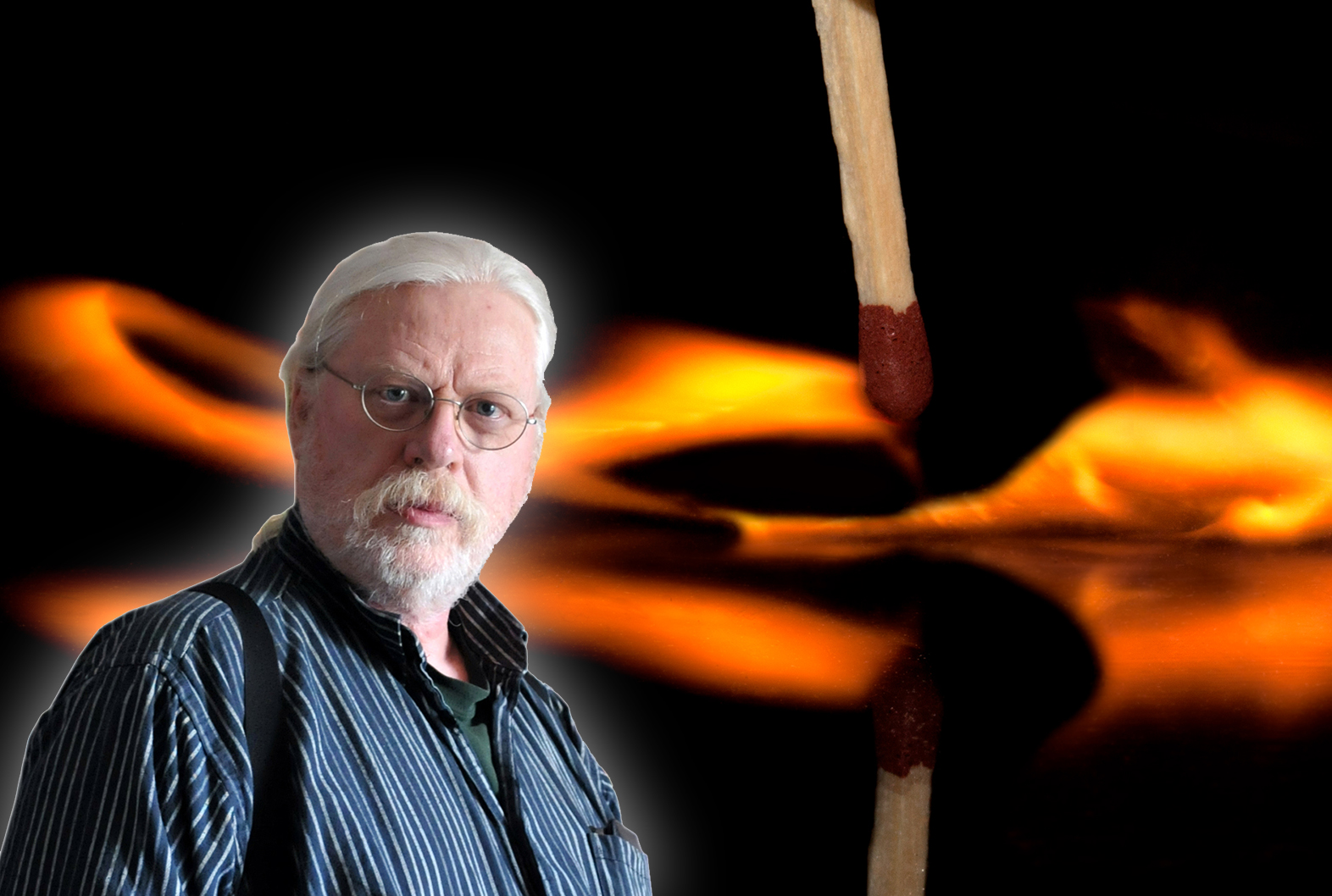 En bil på en tändsticka som tänds, med ett foto av Ingemar E L Göransson monterat över