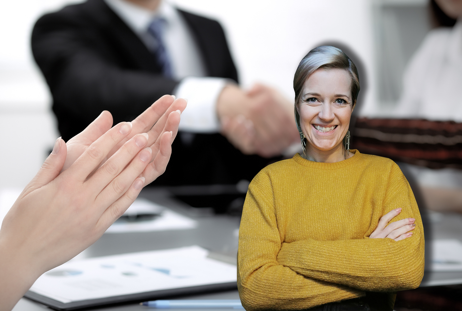 En bild på applåderande mötesdeltagare, med ett foto på skribenten monterat över.