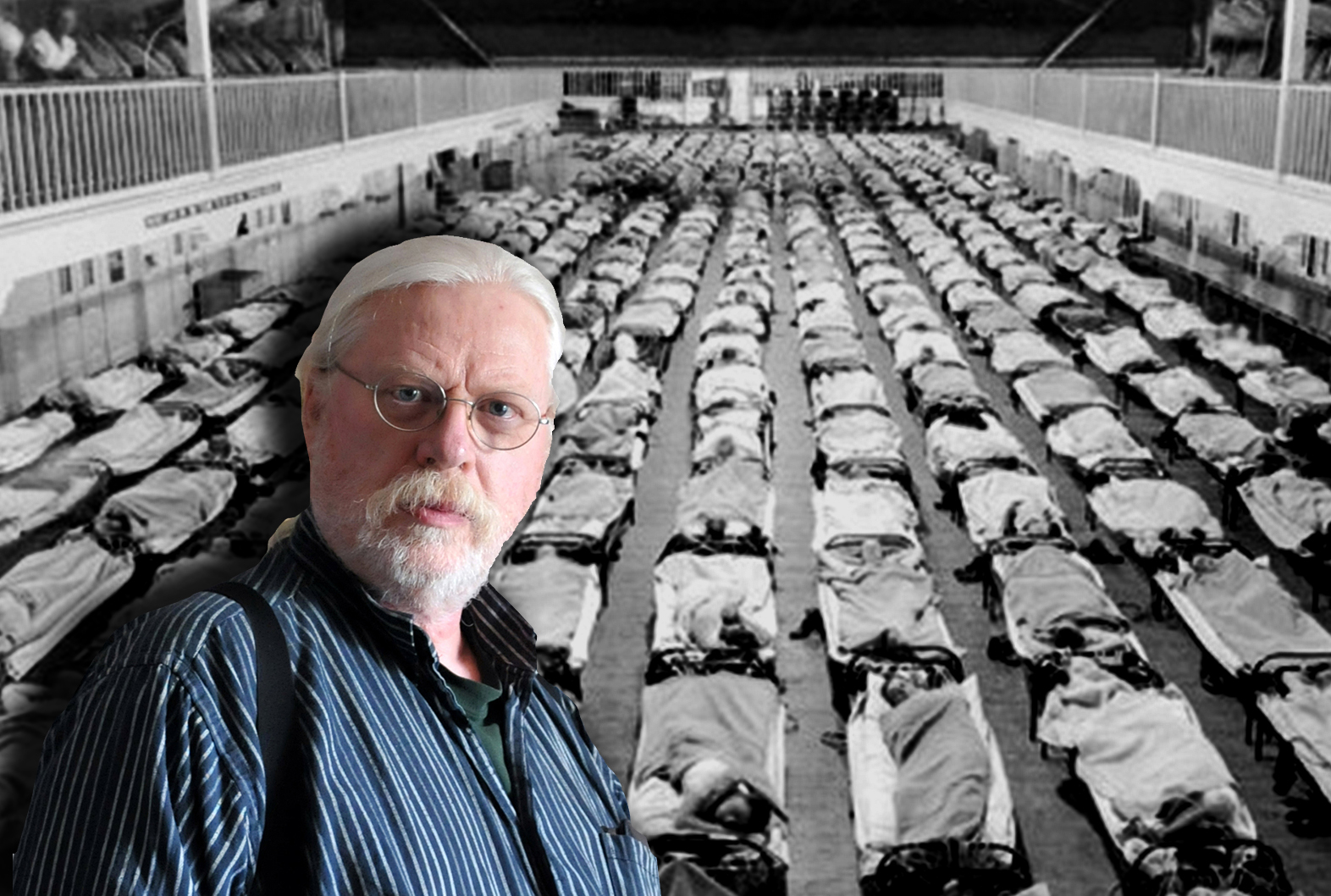 Rader av sjuksängar under Spanska sjukan, med en bild av Ingemar E L Göransson monterad över.