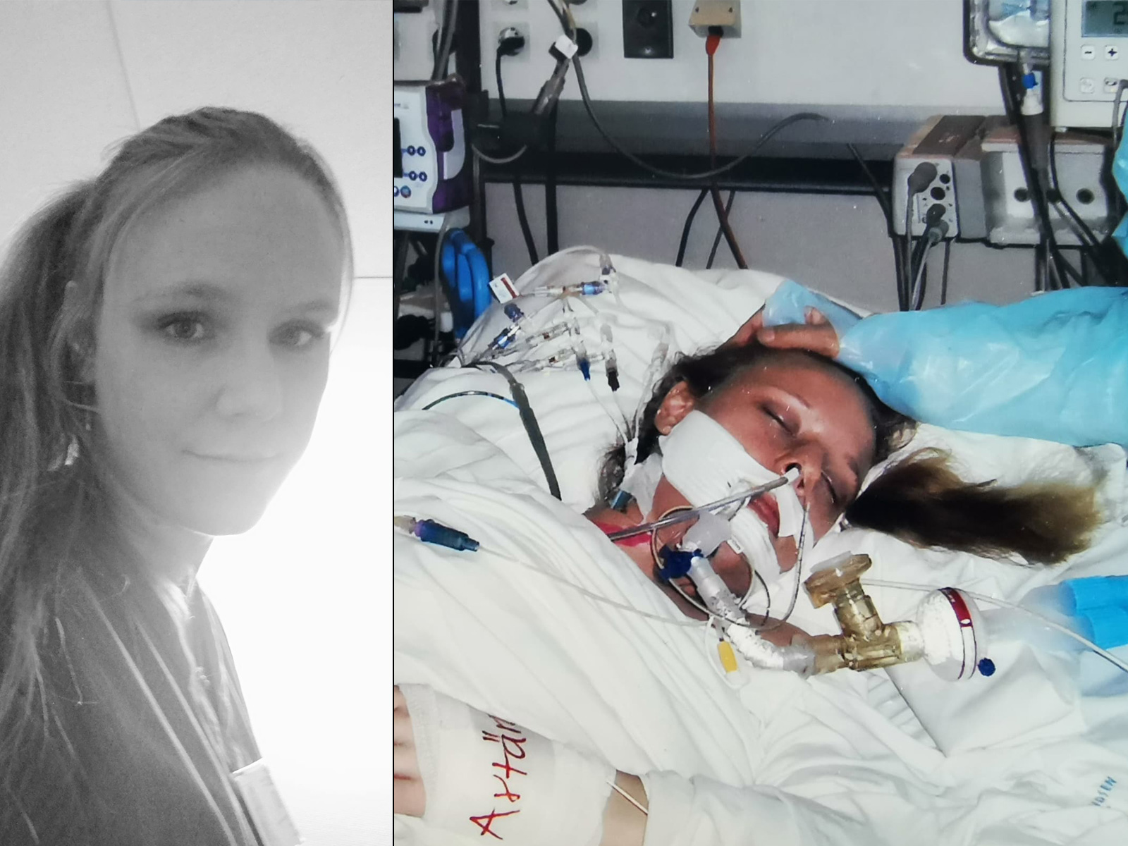 Linda Selin när hon låg i respirator efter att ha fått svininfluensa.