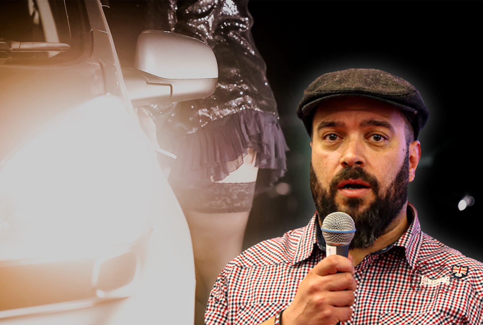 En bild på en lättklädd person som pratar med någon genom ett bilfönster, med ett foto av Nille Thorsell monterat över.