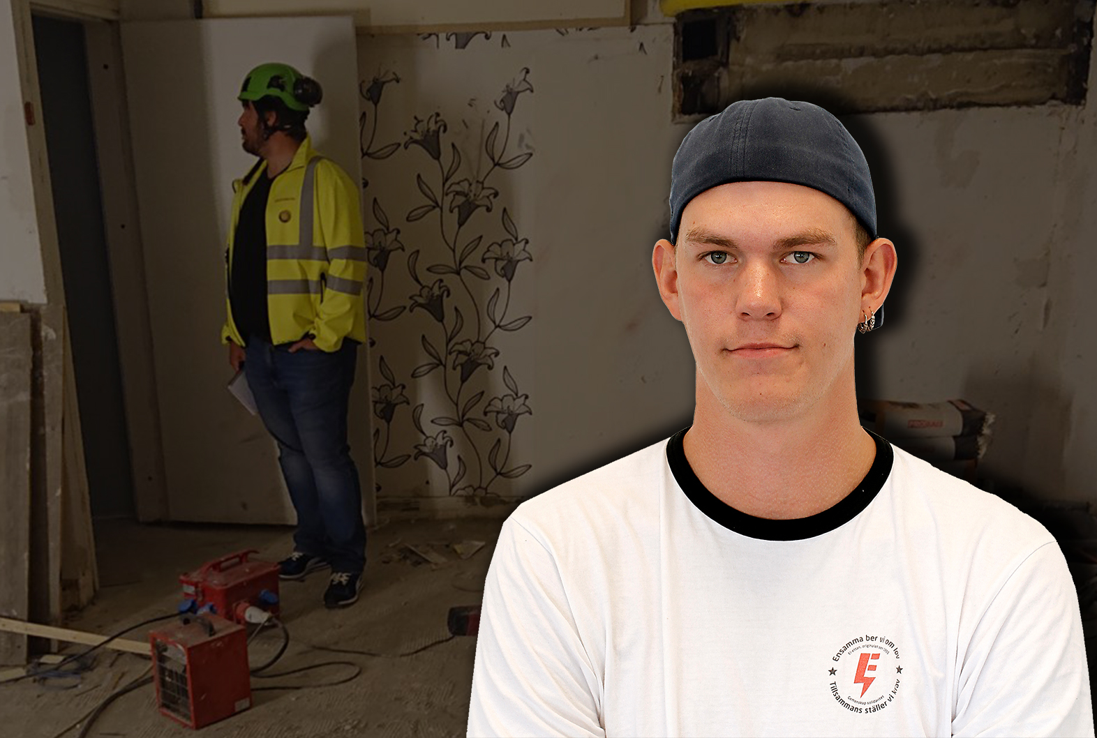 Ett foto av ett skyddsombud på en stökig arbetsplats, med ett foto av Claes Thim monterat över