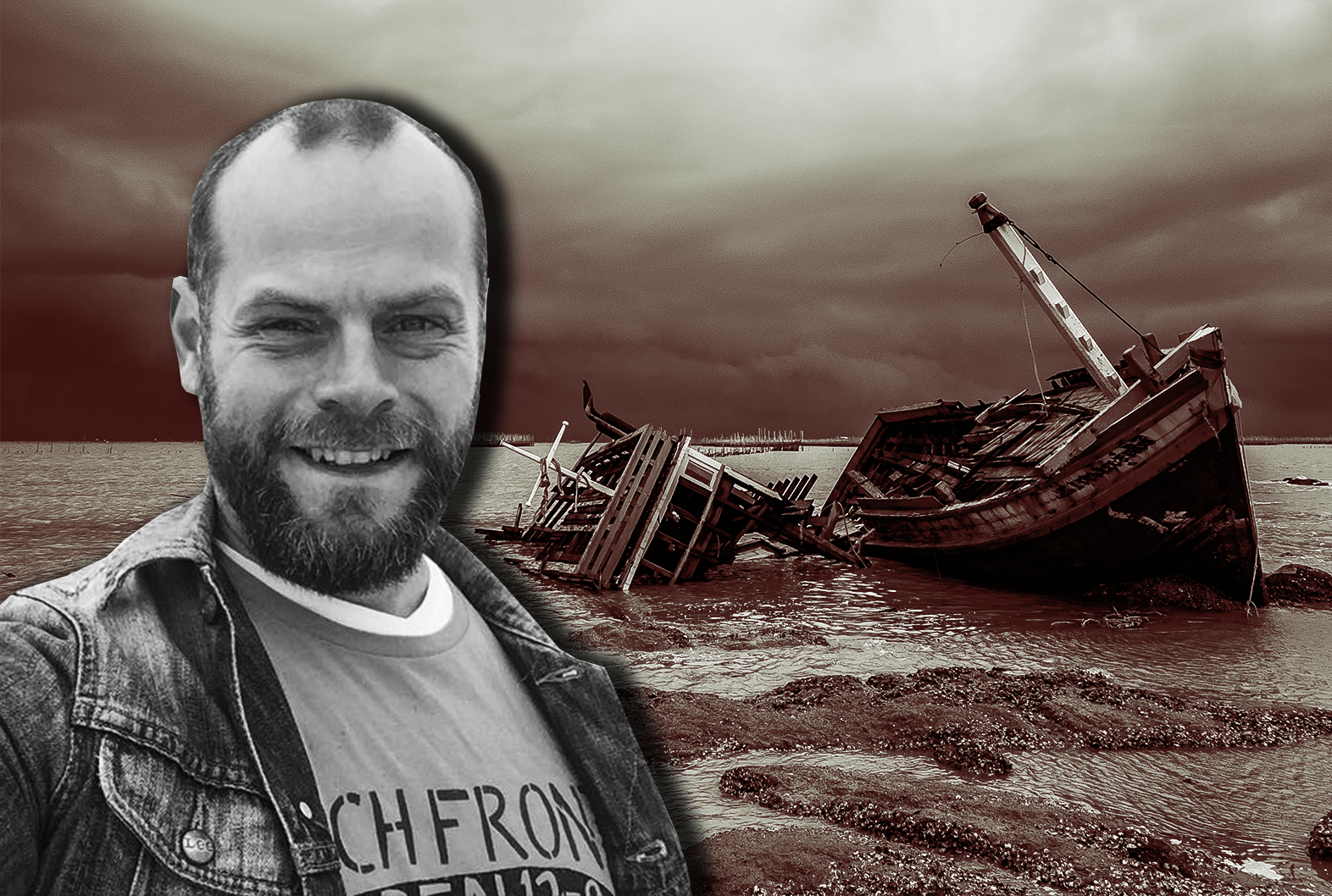 Ett skeppsvrak i havet, med ett foto på Hans Andersson monterat över