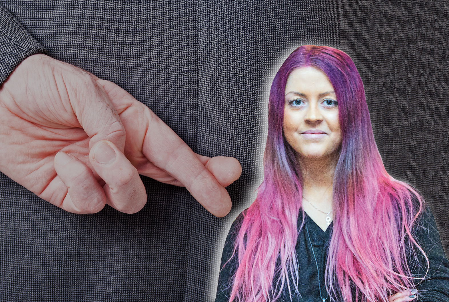 En bild på en kostymklädd person som håller fingrarna i kors bakom ryggen, med ett foto på Sofie Eriksson monterat över.