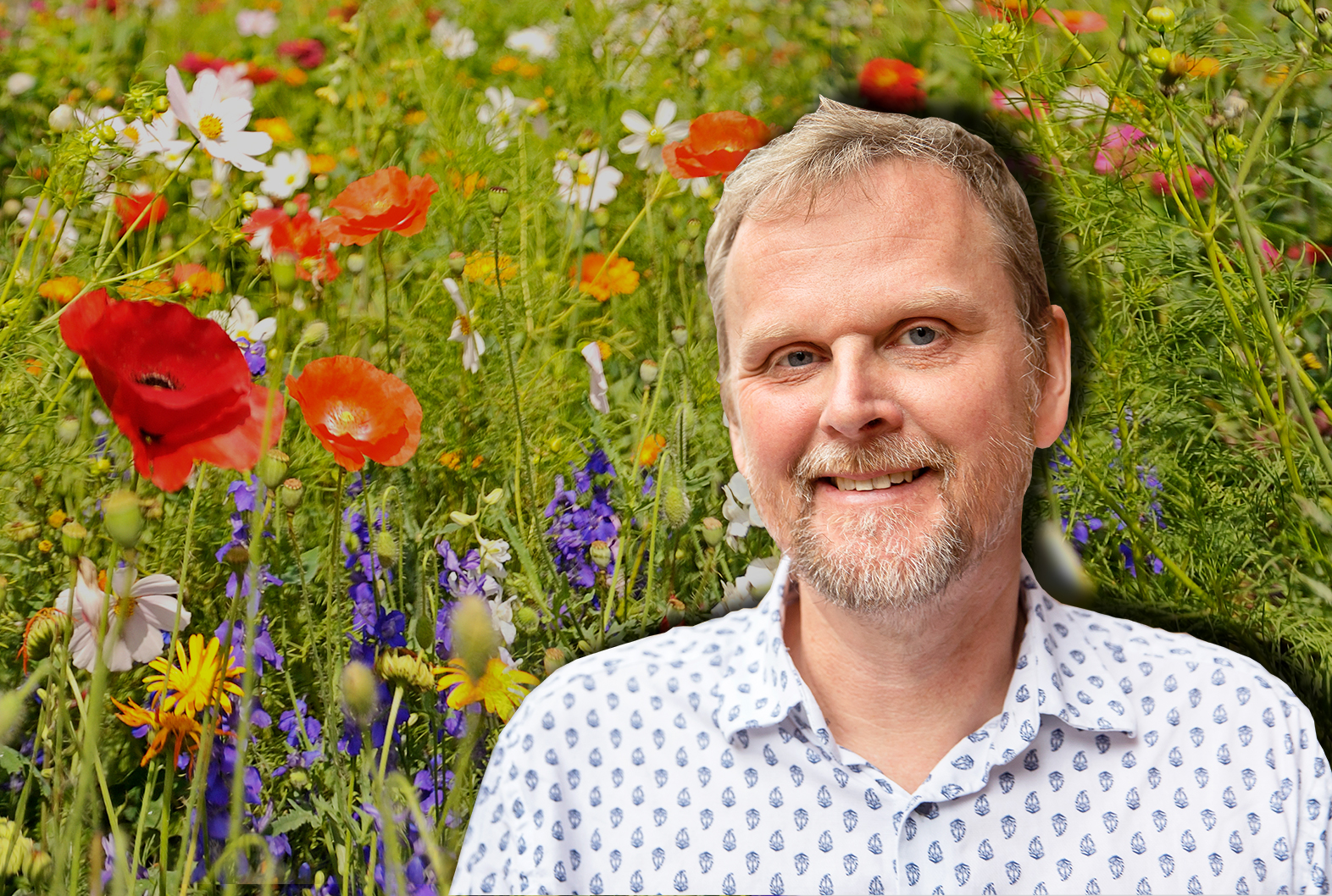 En blomsteräng med ett foto på Urban Pettersson monterat över.