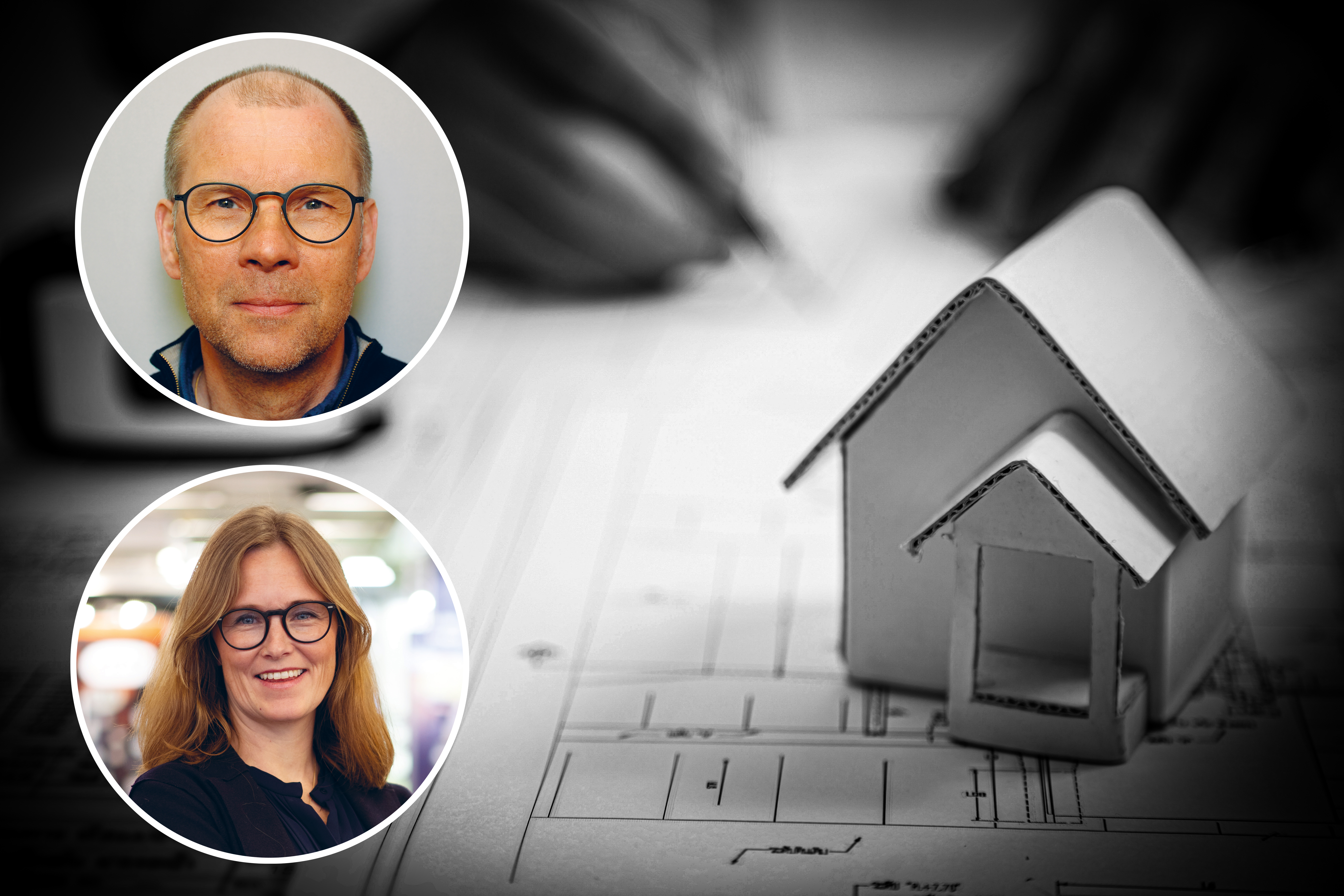 En bild på ett miniatyrhus på en ritning, med foton på Hans-Åke Lampa och Emma Elheim Karlsson monterade över.