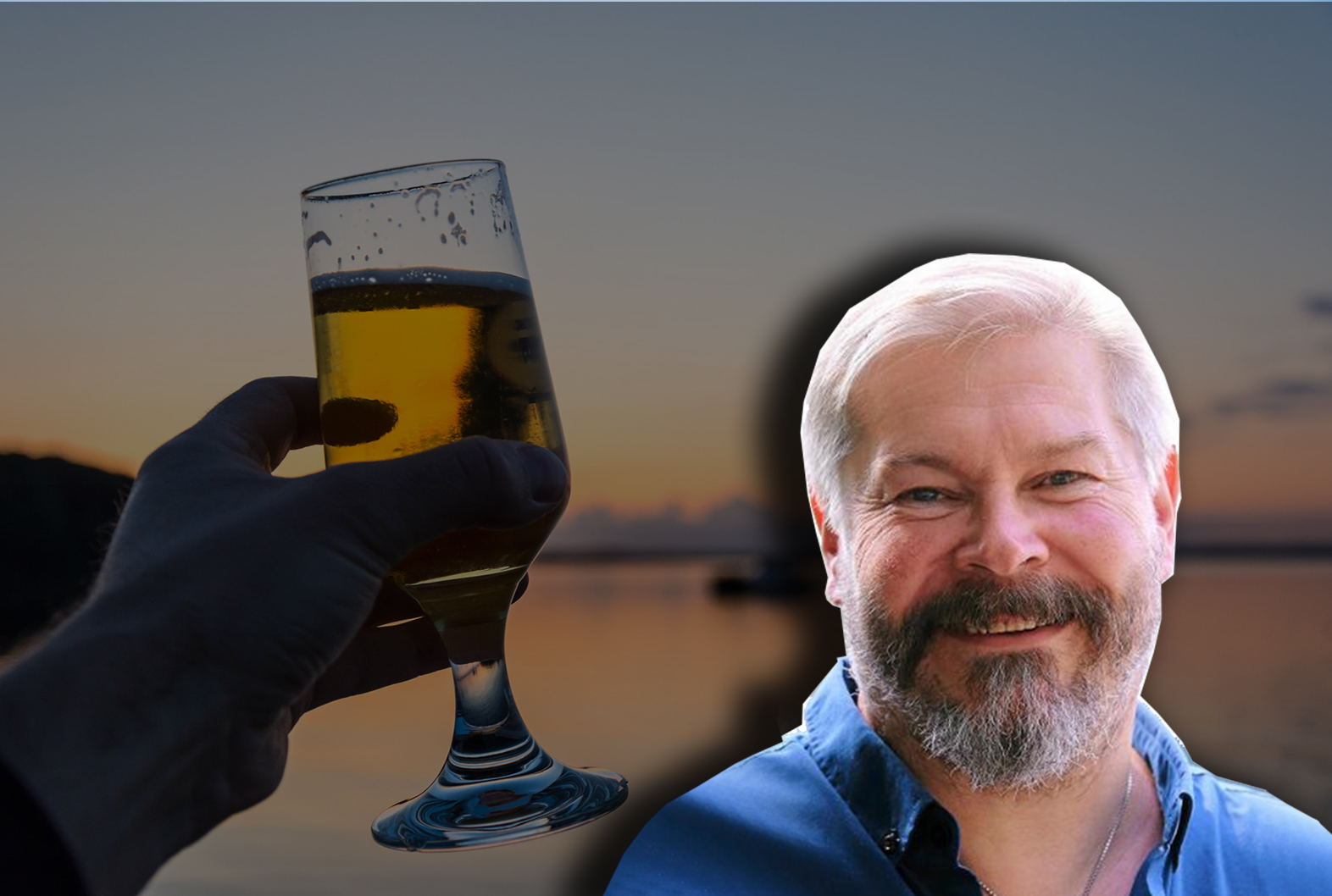 En hand som höjer ett ölglas mot skymningshimlen, med ett foto av Dylan Färemark monterat över