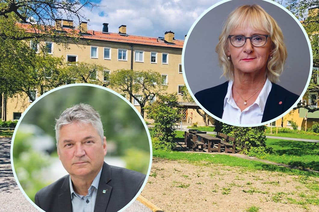 Ett gult flerfamiljshus med porträttfoton av Anders Nordstrand och Lena Micko monterade över