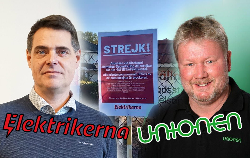 Mikael Pettersson och Jimmi Hall monterade över en bild på en strejkskylt