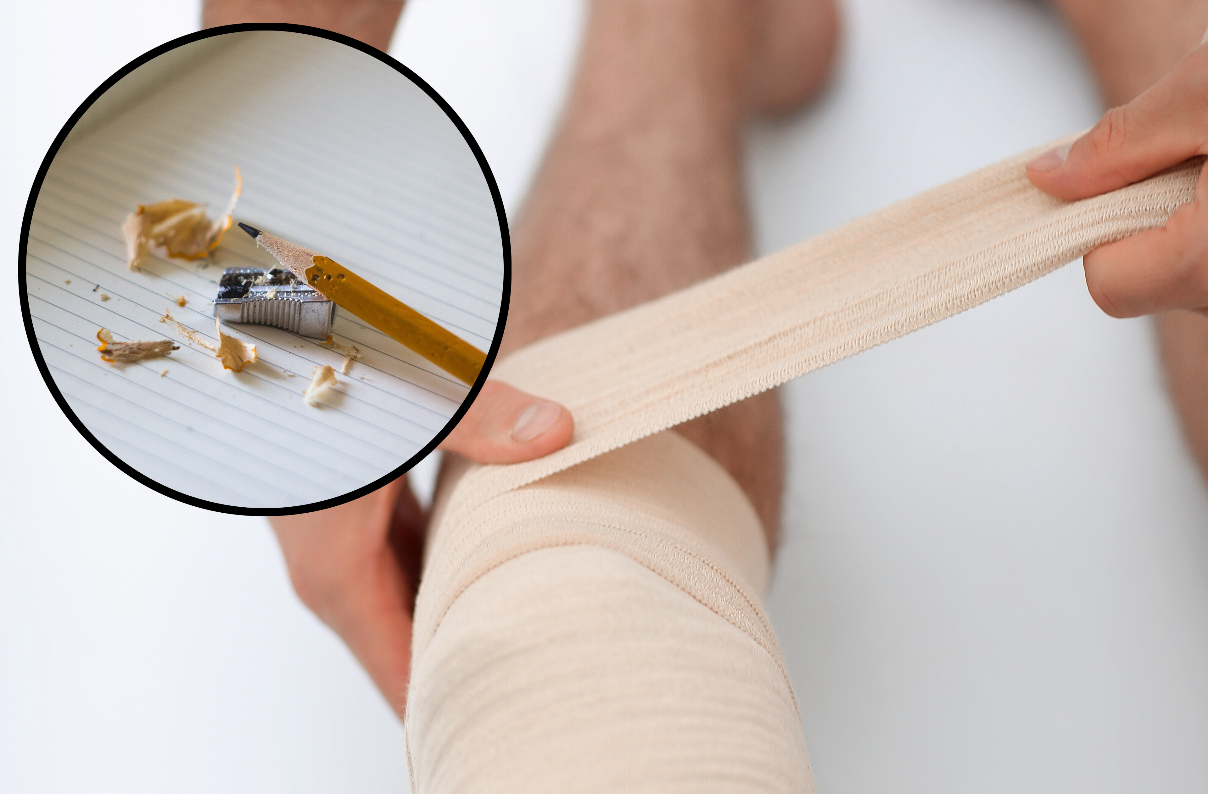 Ett ben som lindas med bandage, med en bild på en blyertspenna monterat över