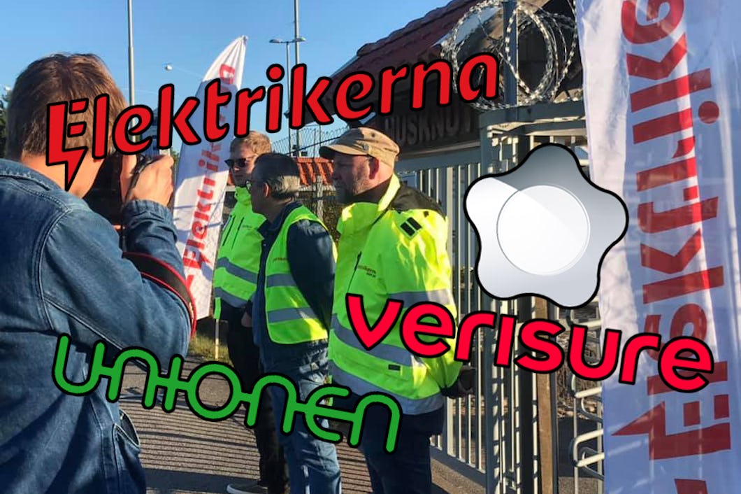 En bild på SEF:s strejkvakter, med Elektrikernas, Unionens och Verisures loggor monterade över