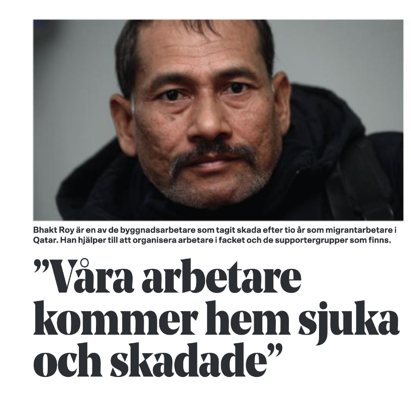 EN bild på en tidningsartikel med rubriken: "Våra arbetare kommer hem sjuka och skadade"