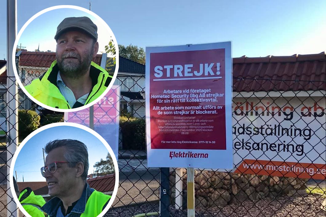 Skyltar med strejk-meddelanden på, med porträttbilder på två av strejkvakterna monterade invid sig.