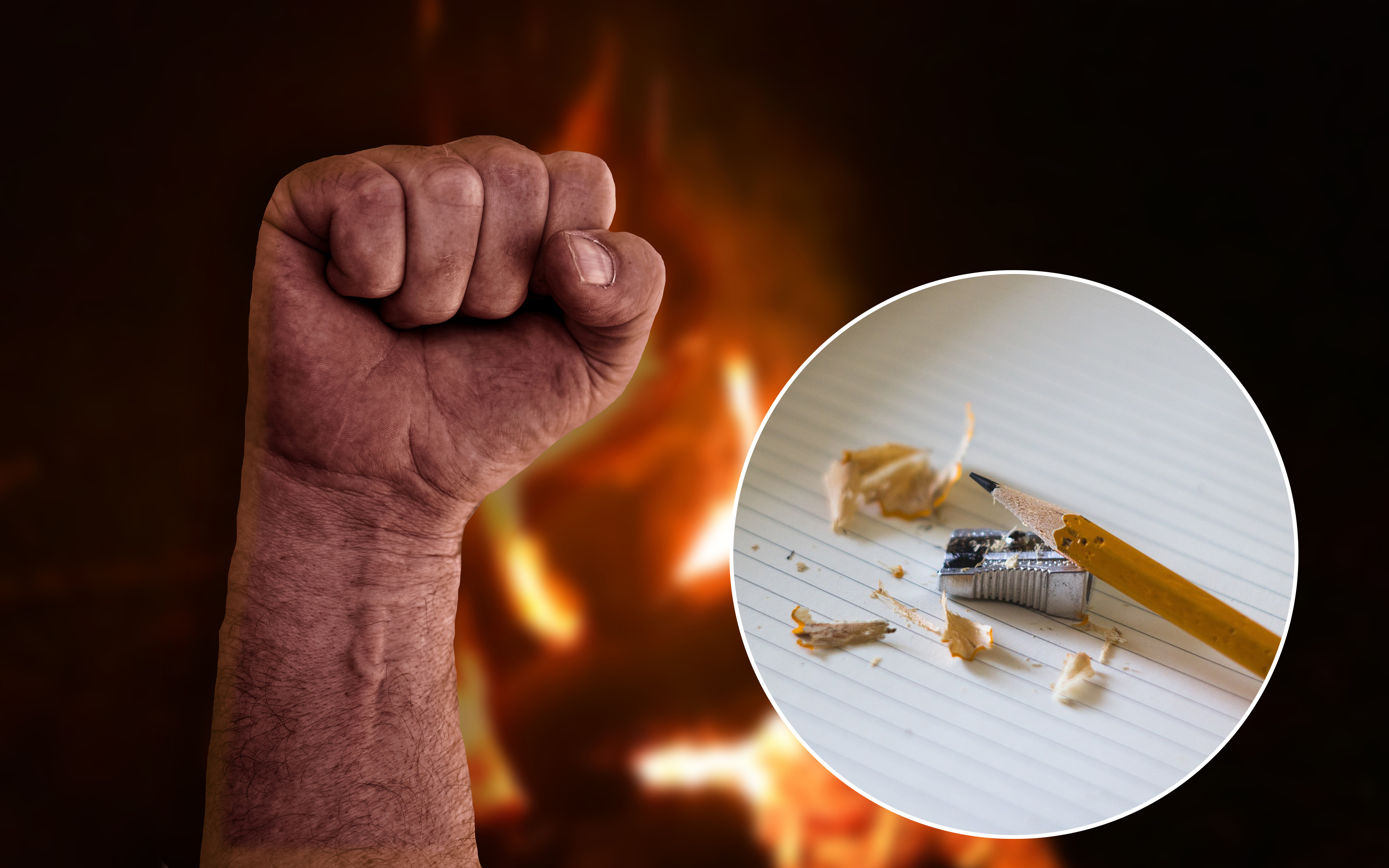 En nuten näve med en bild av en penna monterad över