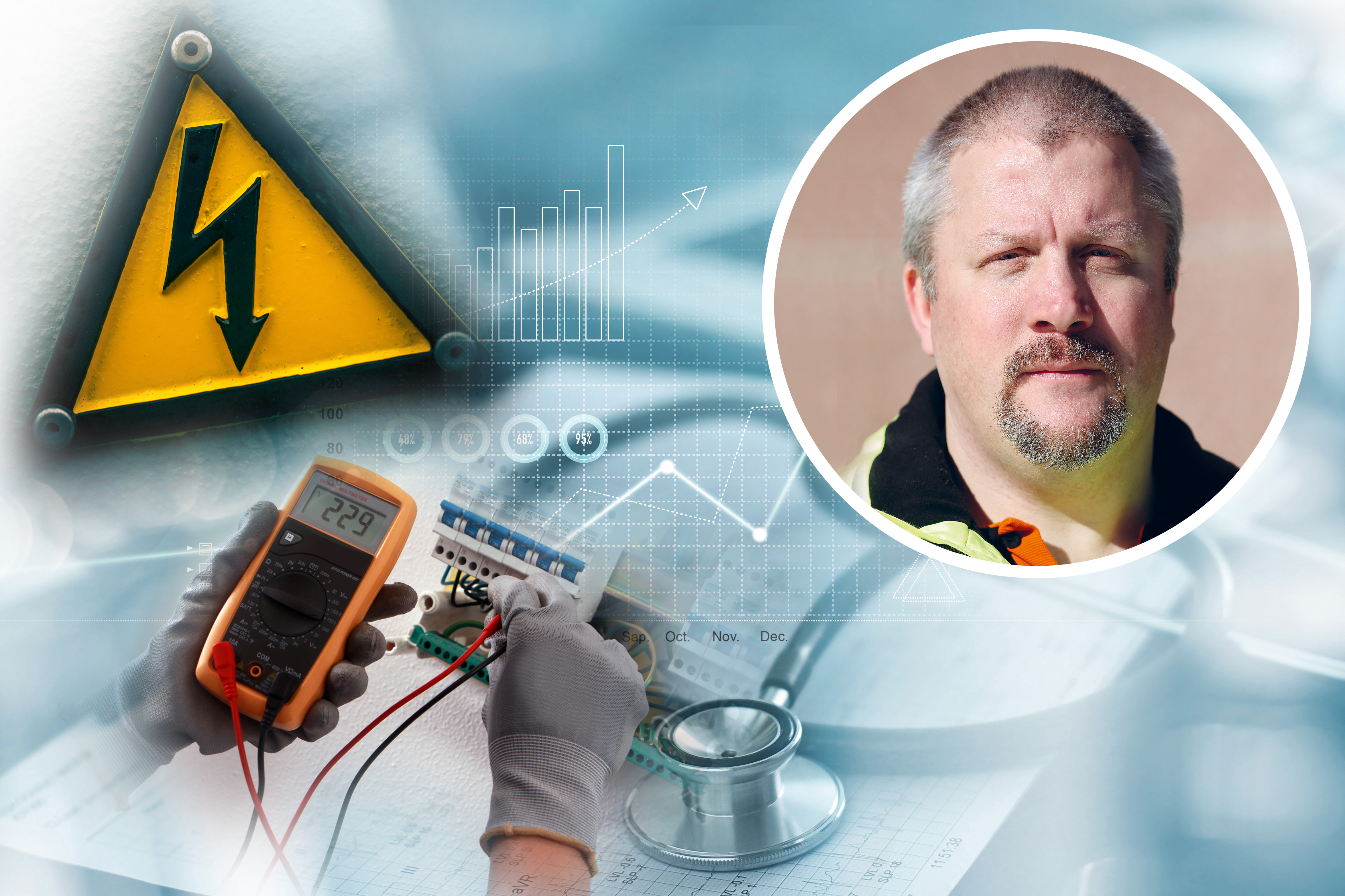 Ett bildmontage med läkarutrustning , sladdar och elvarning, med ett foto på Sven Höckert monterat över